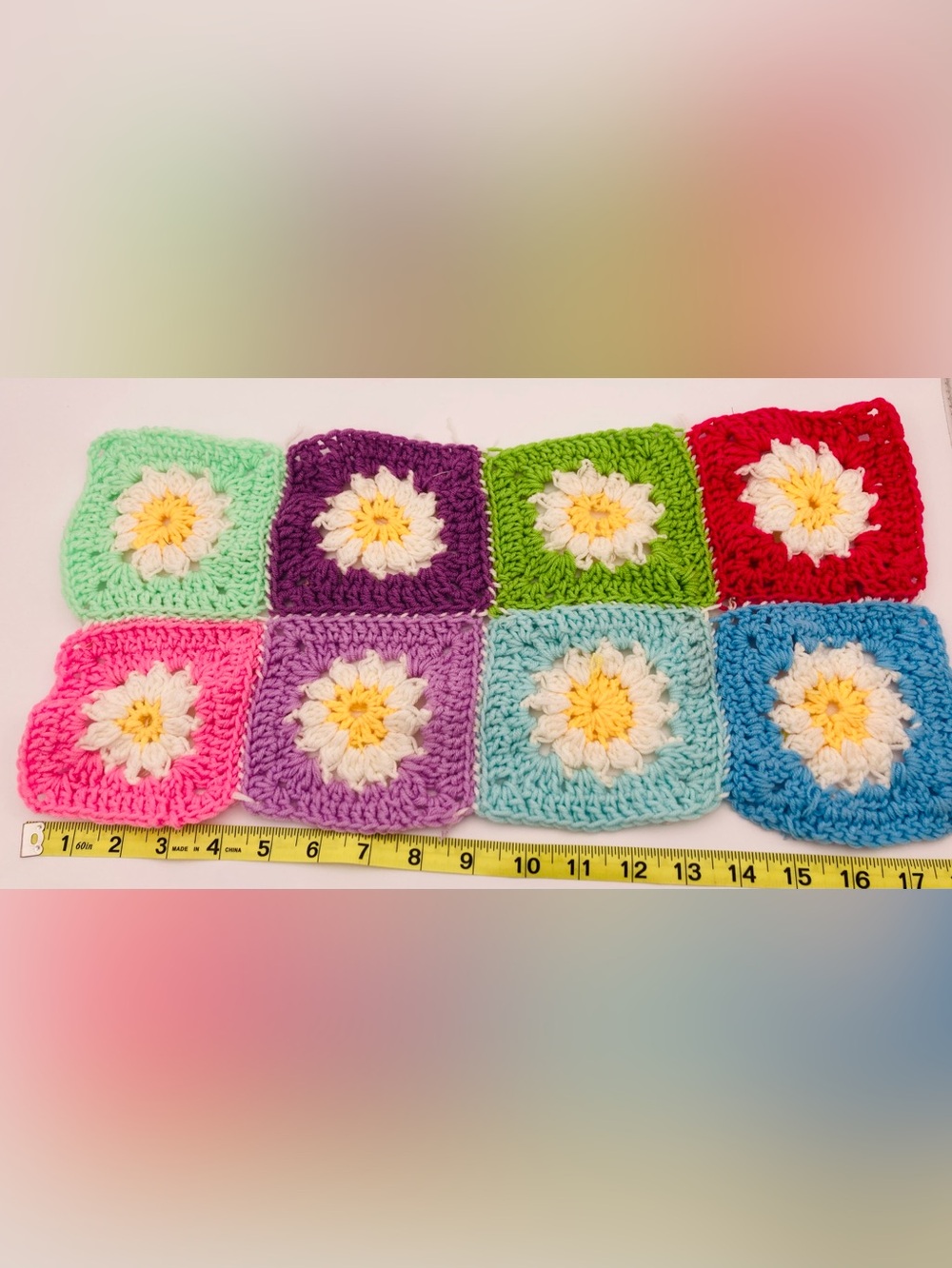 8x 4” Handmade Multicolor Crochet Granny Squares LOOSELY Stitched Together
